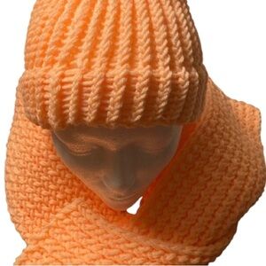 Handmade chunky knit scarf and beanie hat set in peach for adults